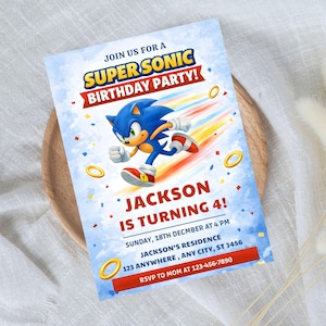 May include: A blue and white birthday party invitation featuring Sonic the Hedgehog. The invitation includes the text "SUPER SONIC BIRTHDAY PARTY!" and "JACKSON IS TURNING 4!" with event details.