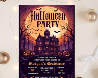 Halloween Party Invitation Template, Halloween Digital Birthday Invite, Costume Party Invite, Vintage Gothic Canva Template