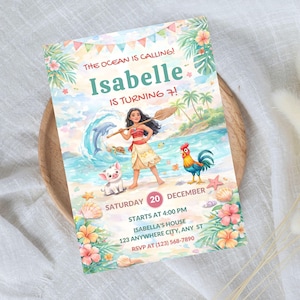 May include: A vibrant invitation with a tropical design. The illustration shows a woman with a paddle, a dolphin, a pig, and a rooster. The text reads "The Ocean is Calling! Isabelle is Turning 7!" with event details, perfect for a birthday.