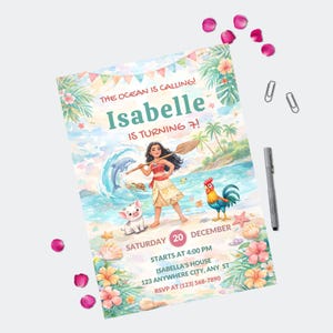 May include: A vibrant invitation card with the text "The Ocean is Calling! Isabelle is Turning 7!" features a cartoon illustration of a girl with a paddle, a dolphin, a pig, and a rooster on a beach. The invitation includes the date, time, and location.