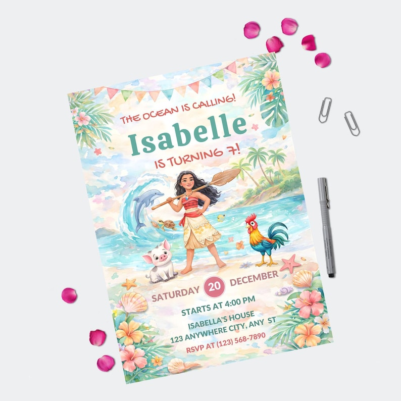 May include: A vibrant invitation card with the text "The Ocean is Calling! Isabelle is Turning 7!" features a cartoon illustration of a girl with a paddle, a dolphin, a pig, and a rooster on a beach. The invitation includes the date, time, and location.