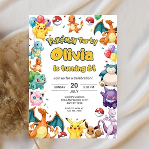 May include: A rectangular party invitation featuring colorful illustrations of various Pokemon characters, balloons, and Poke Balls. The text reads: Pokemon Party, Olivia is turning 6!, Join us for a Celebration!, Sunday 20 July 5:00 PM.