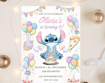 Invito di compleanno Stitch modificabile, modello modificabile e stampabile, invito carino per festa Stitch, modello Canva, download immediato