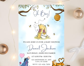 Editable Winnie The Pooh Baby Shower Invitation, Winnie The Pooh Invitation, Pooh Baby, Digital Invitation Oh Boy