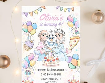 Editable Frozen Birthday Invitation, Frozen Birthday Party Elsa & Anna Invite Girl Watercolor Frozen Birthday Invite Theme, Digital Download