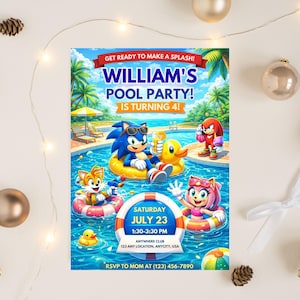 May include: A colorful pool party invitation featuring Sonic the Hedgehog and friends. The invitation includes the text "William's Pool Party! Is Turning 4!" with party details, including the date, time, and location. The design is vibrant with a pool scene.