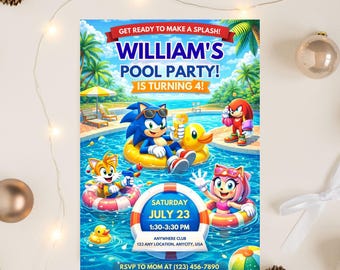 Sonic Pool Party Birthday Invitation, Editable Sonic Canva Template, Sonic Birthday Invite for boys, Summer Party Digital Template