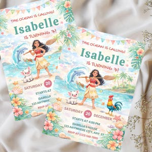 May include: Two invitations with a watercolour design featuring a character with a paddle, a pig, and a rooster. The text reads "The Ocean is Calling! Isabelle is Turning 7!" and includes party details.