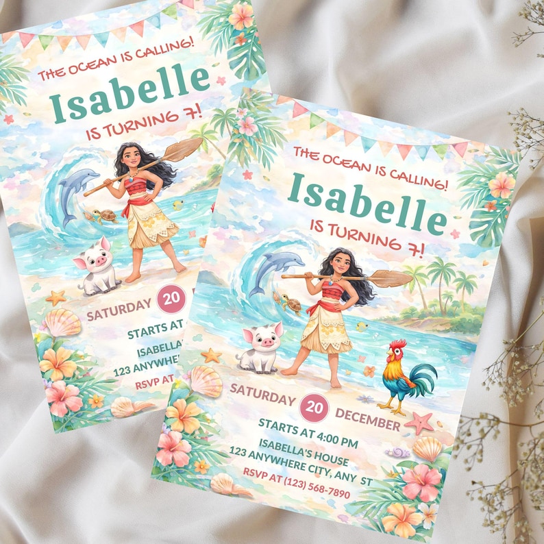 May include: Two invitations with a watercolour design featuring a character with a paddle, a pig, and a rooster. The text reads "The Ocean is Calling! Isabelle is Turning 7!" and includes party details.