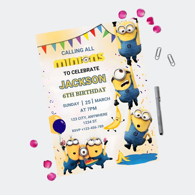 May include: A birthday party invitation featuring Minions characters. The invitation reads "Calling All Minions to Celebrate Jackson's 6th Birthday." The design includes colorful banners, a blue balloon, and the RSVP information.