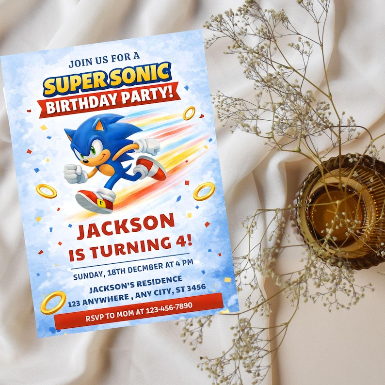 May include: A birthday party invitation featuring the character Sonic the Hedgehog. The invitation has a blue background with the text "SUPERSONIC BIRTHDAY PARTY!" and "JACKSON IS TURNING 4!". Includes party details and RSVP information.