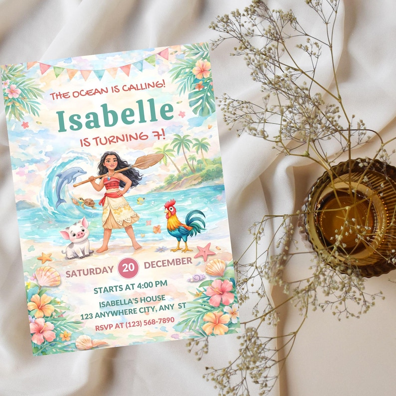 Editable Moana Birthday Invitation | Canva Template Evite | Printable Ocean Theme Party Invite for Girl | Digital Download Invitation image 3