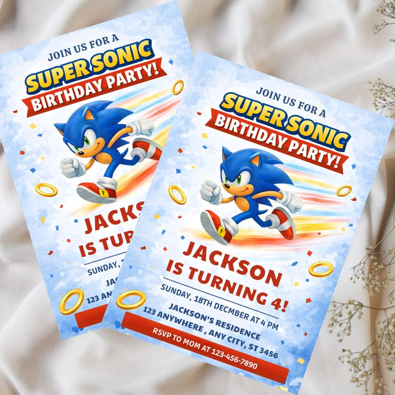 May include: Two blue and white Super Sonic birthday party invitations. Each invitation features the character running with colorful speed lines. Text includes "Super Sonic Birthday Party!" and "Jackson is turning 4!"