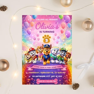 Editable Paw-ty Birthday Invitation Template, Kids Party Invitation, Puppy Patrol Pup Boys & Girls Bday invite, Instant download
