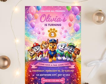 Editable Paw-ty Birthday Invitation Template, Kids Party Invitation, Puppy Patrol Pup Boys & Girls Bday invite, Instant download