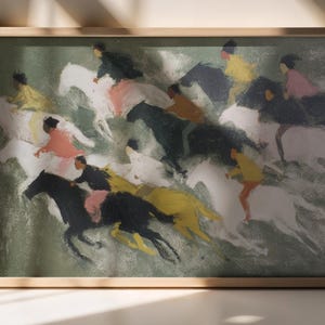May include: An abstract art print of a horse race, featuring riders in various colors on black and white horses. The artwork is framed in a light wood frame, with a green and white background.