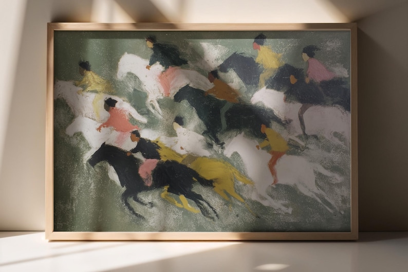 May include: An abstract art print of a horse race, featuring riders in various colors on black and white horses. The artwork is framed in a light wood frame, with a green and white background.
