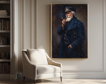 Puede incluir: Un óleo enmarcado que representa a un capitán de mar barbudo con uniforme azul oscuro y gorra, fumando en pipa. El retrato presenta un fondo oscuro y se exhibe en una pared clara sobre un sillón de color crema.