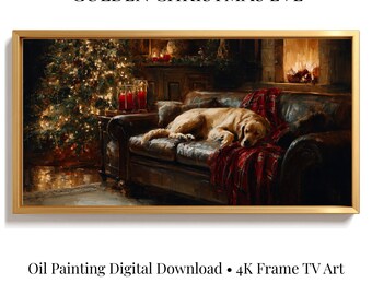 Op de afbeelding: Een ingelijst olieverfschilderij getiteld "GOLDEN CHRISTMAS EVE" toont een gezellige vakantiescène. Een golden retriever rust op een leren bank met een rood geruite deken. Een kerstboom en een open haard zorgen voor warmte.