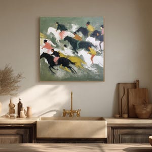 May include: An abstract painting depicts a horse race with jockeys in motion. The artwork features horses in black, white, and yellow, with riders in pink, yellow, and black attire. The background is a muted green, creating a dynamic and colorful scene.