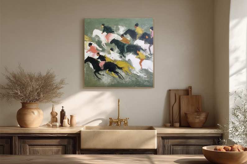 May include: An abstract painting depicts a horse race with jockeys in motion. The artwork features horses in black, white, and yellow, with riders in pink, yellow, and black attire. The background is a muted green, creating a dynamic and colorful scene.