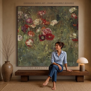 May include: Oversized fabric art featuring a floral painting of red, white, and dark purple poppies against a muted green background. The artwork includes the text OVERSIZED FABRIC ART - FRAME ASSEMBLY REQUIRED and DELARÉ ATELIER.