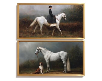 Woman on White Horse & Dog Print Set of 2 | Moody Equestrian Luxury Print Download