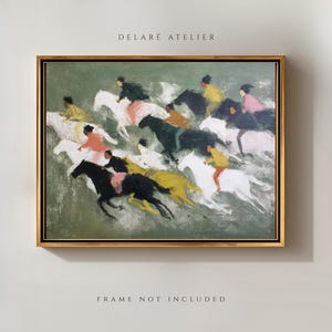May include: An abstract painting of a horse race, featuring riders in various colors on white, black, and yellow horses. The artwork is framed in gold and includes the text "DELAR&Eacute; ATELIER" at the top and "FRAME NOT INCLUDED" at the bottom.