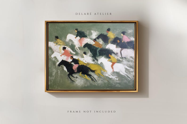 May include: An abstract painting of a horse race, featuring riders in various colors on white, black, and yellow horses. The artwork is framed in gold and includes the text "DELAR&Eacute; ATELIER" at the top and "FRAME NOT INCLUDED" at the bottom.