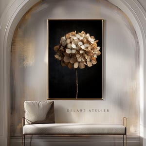 Dried Hydrangea Print | Moody Botanical Wall Art | Cream Beige Floral | Dark Background Flower | Wabi Sabi Still Life