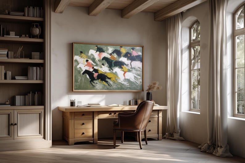 May include: An interior scene featuring a wooden desk, chair, and bookshelf. A framed painting of horses and riders hangs above the desk. The room has large windows with white curtains and a wooden floor.