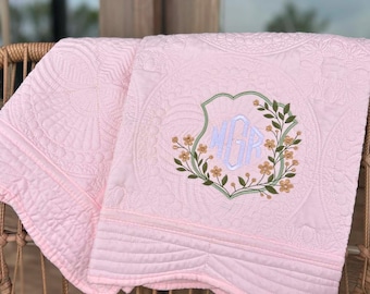 Custom Embroidered Baby Quilt | Heirloom Keepsake Blanket with Floral Monogram