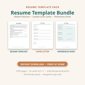 Resume Template Pack PDF, Modern Resume Template, Cover Letter Template, References Sheet, Professional Resume, ATS Friendly