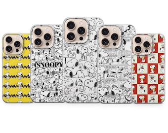 May include: Five phone cases with Snoopy designs. The cases display different patterns, including black and white Snoopy illustrations, comic strips, and a yellow case with a zig-zag pattern. The cases are designed for a phone with a triple-lens camera.