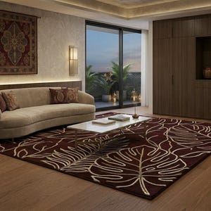 Burgundy Beige Botanical Leaf Area Rug, Tropical Design Living Room Carpet