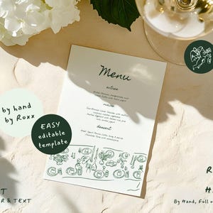 Puede incluir: Una tarjeta de menú crema con la palabra "Menu" en una fuente manuscrita. La tarjeta presenta una ilustración verde de una mesa puesta. El texto "EASY editable template" está en un círculo verde. El texto "EDIT COLOUR & TEXT" también es visible.