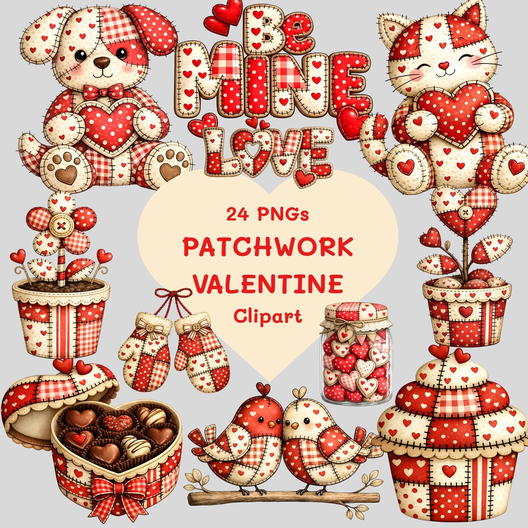 24 Patchwork Valentine PNG, Valentine Hugs and Kisses PNG, Quilted Love ...