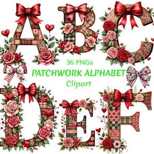 Puede incluir: Un conjunto de letras decorativas del alfabeto, adornadas con diseños de patchwork, lazos rojos, rosas y corazones. Se muestran las letras A, B, C, D, E y F, con el texto "PATCHWORK ALPHABET Clipart" en verde.