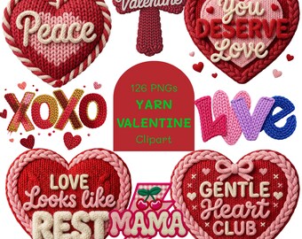 Valentine PNG Bundle Faux Yarn Preppy Be Mine Valentine Crochet Knit Love Xoxo Highland Cow Red Pink Heart: 126 PNGS Instant Download