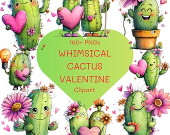 160+ Png, Cute Cactus Valentine Clipart, Love Plant PNG, Adorable Heart Cactus Clip Art, Funny Valentine Printable Graphics