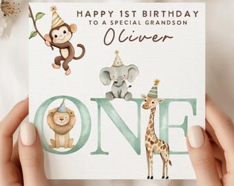 1st Birthday Card for Grandson, First Birthday Card Boy, Jungle Safari Birthday Card, Grandson 1st Birthday Gift, Animal First Birthday Card
