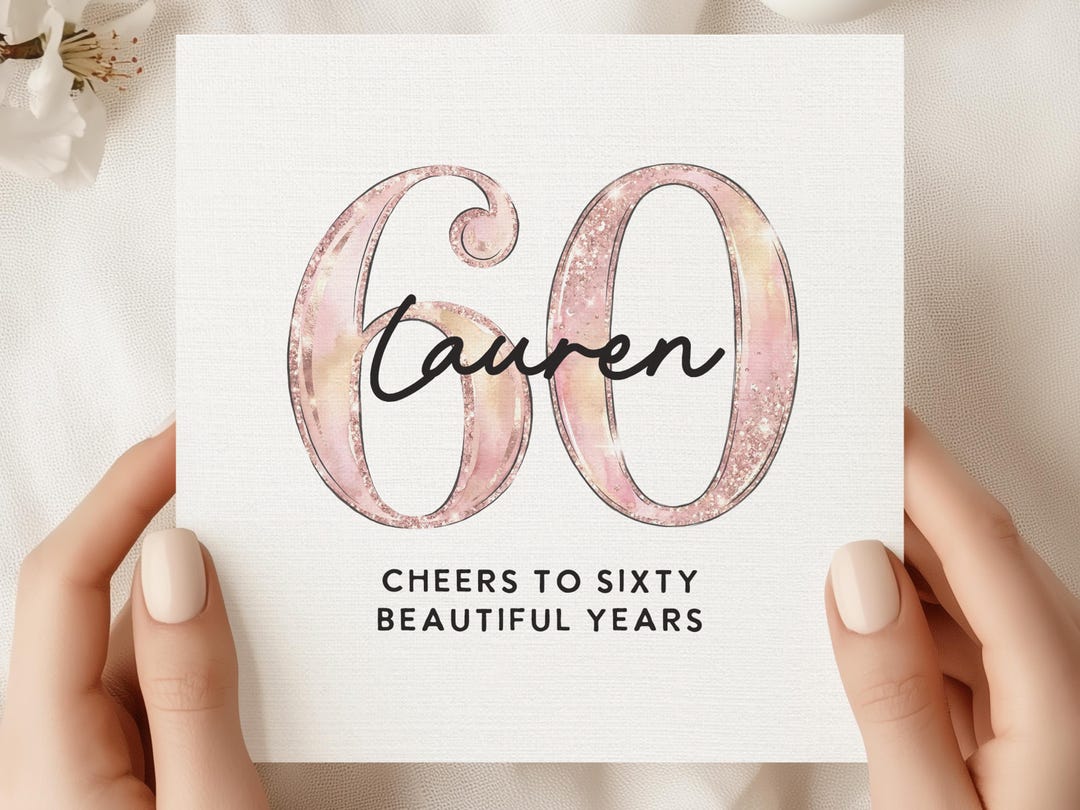 60th Birthday Card for Her, Personalized Name 60 Card, Elegant Pink ...