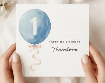 Personalized 1st Birthday Card Boy Blue Balloon First Birthday Custom Name Card One Year Old Keepsake Gift Modern Baby Card