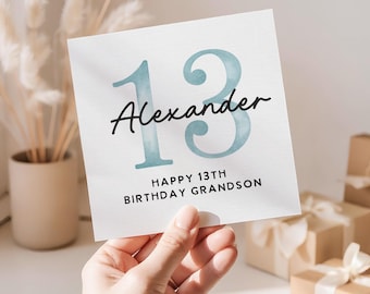 13th Birthday Card Grandson Personalized Name Custom Birthday Card Age 13 Teen Grandson Gift Minimal Keepsake