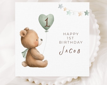 Personalized First Birthday Card, Bear Holding Balloon, Linen Cardstock