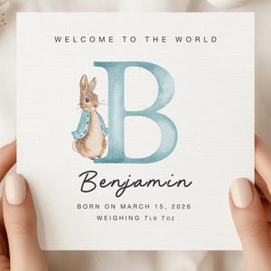 Personalized Baby Boy Card Custom Name Card Initial L Welcome New Baby Boy Keepsake Peter Rabbit Style
