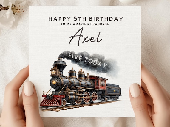 5th Birthday Train Card for Grandson Axel, Five Today Steam Train Design, Vintage Locomotive Birthday Card Boy Keepsake
