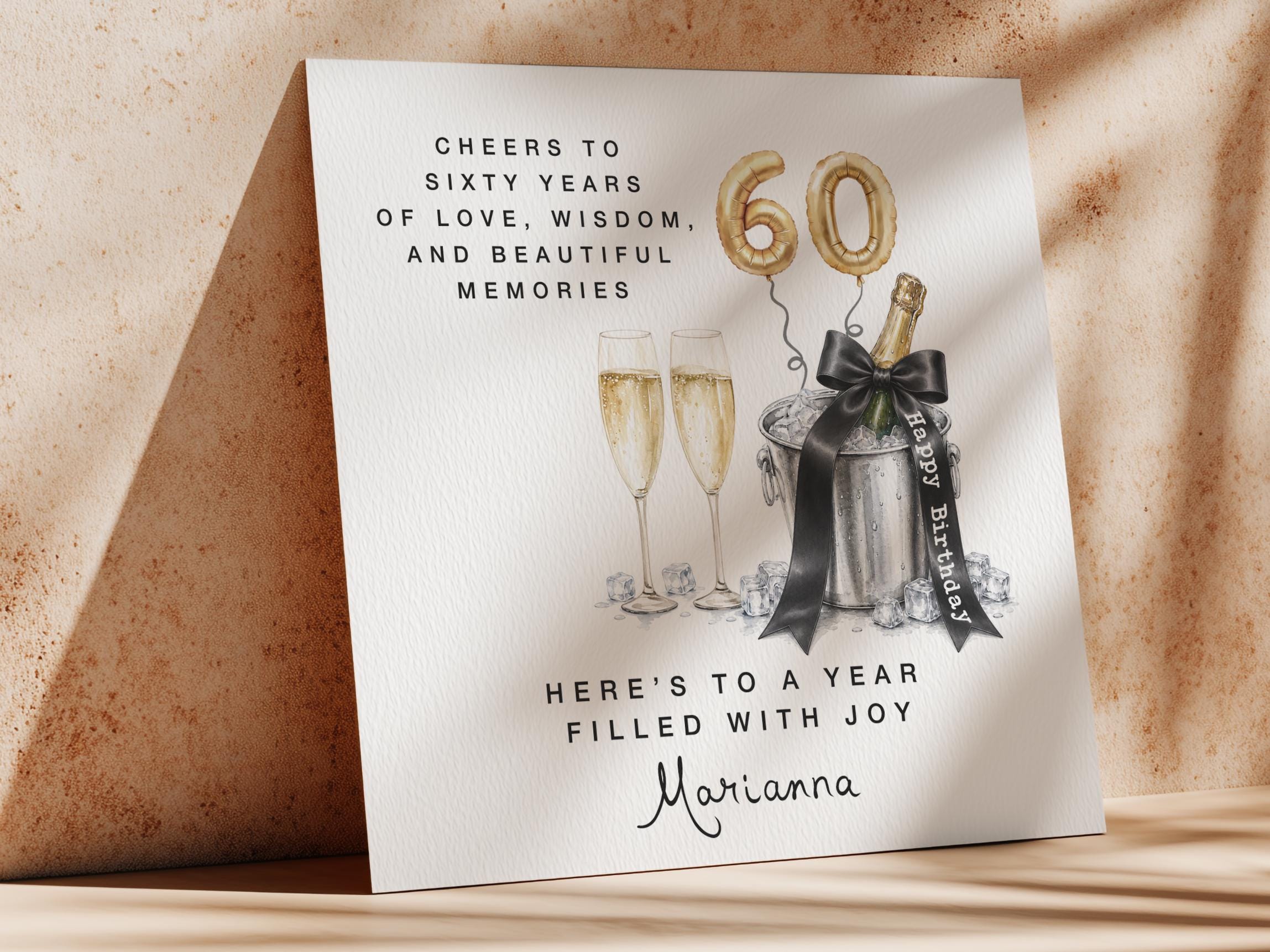 Personalized 60th Birthday Card for Her, Elegant Champagne Birthday ...