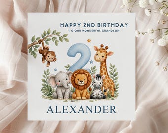 Personalized Safari 2nd Birthday Card, Jungle Birthday Keepsake, Safari Animal Parade with Blue Balloon
