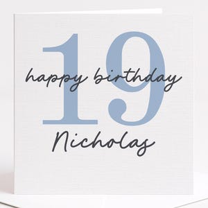 19th Birthday Card for Him or Her, Personalized 19 Birthday Card, Custom Name Nineteen Card, Minimalist Blue Modern Birthday Card for Teen